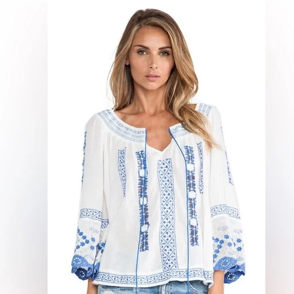 Free People White and Blue Embroidered Blouse - Picture 2 of 12